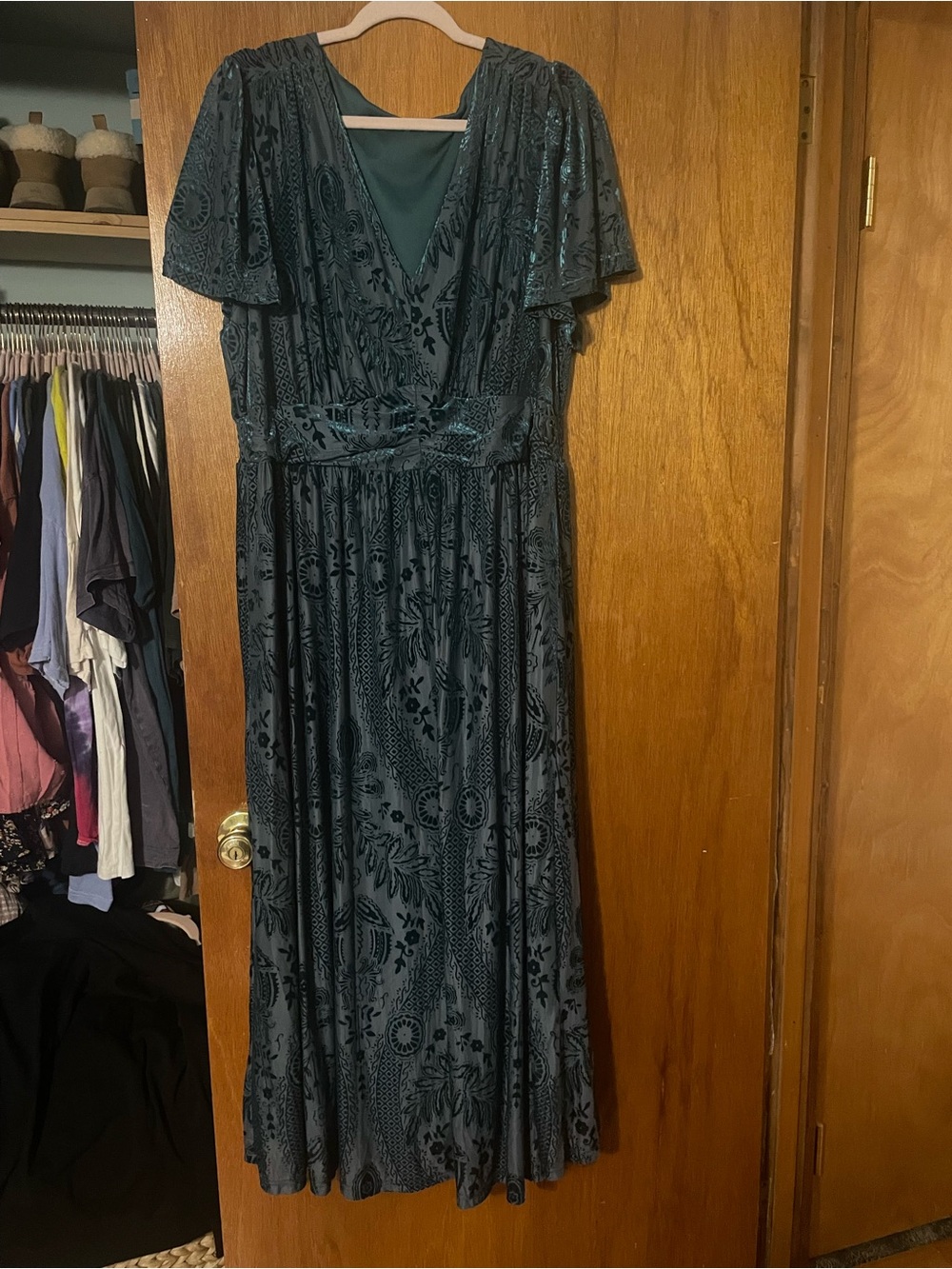 Elegant Floral Velvet Maxi Dress - V-Neck, Flutter Sleeves